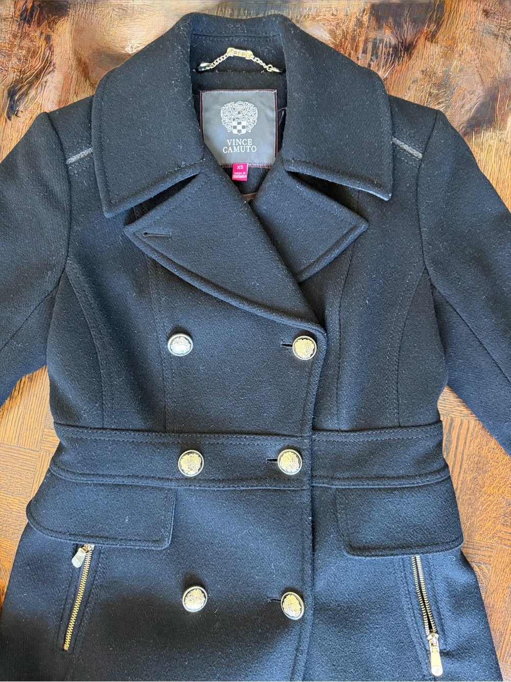 Vince Camuto Black Double-Breasted Coat with Gold Buttons